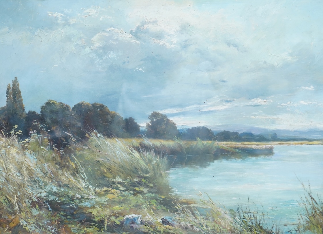 F. H., monogrammist, 'By the river', signed, Winter's Art Exhibition, Derby, 1887-1888 inscribed label verso, oil on canvas, 34 x 47cm